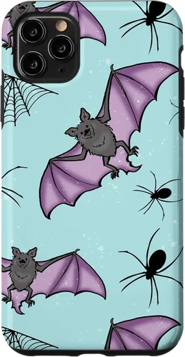 Vista 13 de iPhone 16 lindo vampiro murciélago decoración de Halloween para niñas púrpura y menta caso