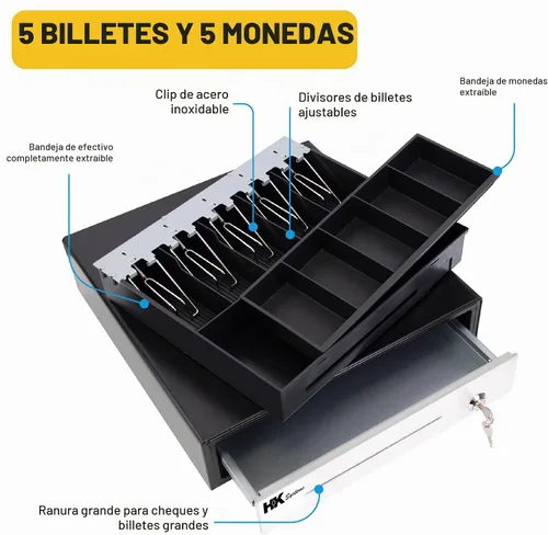 Vista 4 de HK SYSTEMS Cajón de efectivo frontal de 16 pulgadas de "acero inoxidable" POS "USB" con interfaz de 5Bill/5Coin (NEGRO) "NO compatibilidad