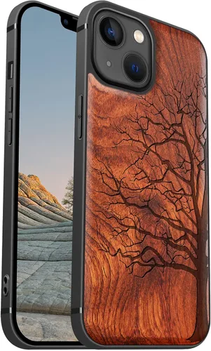 Vista 19 de Carveit Funda magnética de madera para iPhone 13 [madera real dura y TPU suave] Funda protectora híbrida de madera única y elegante a prueba
