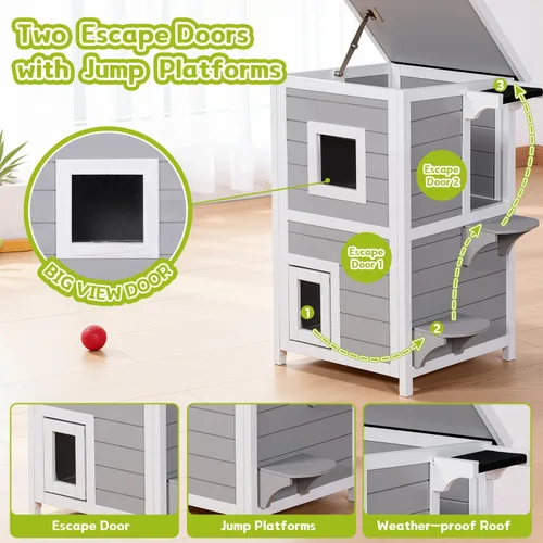 Vista 3 de Casa para gatos al aire libre de 2 pisos con puerta de escape, refugio para gatos feral, resistente a la intemperie para exteriores, techo
