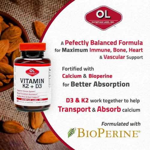 Vista 8 de Olympian Labs Vitamina K2 + D3, 60 porciones, apoya el sistema inmunológico, apoyo óseo y cardíaco, 60 cápsulas veganas