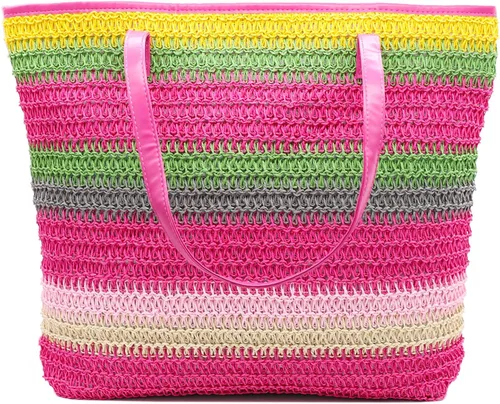 Vista 48 de Bolso grande de paja para mujer, tejido de ratán, bolso de playa de verano, a rayas