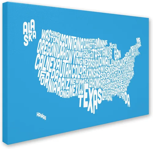 Vista 2 de Azul-USA States - Mapa de texto de Michael Tompsett work, lienzo de 14 x 19 pulgadas