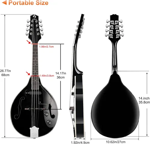 Vista 7 de Vangoa Instrumento de Mandolina de Caoba Eléctrico Acústico Estilo A, Mandolina Musical para Principiantes, Adultos, Adolescentes, Niños, Negro
