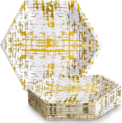 Vista 8 de Elegante vajilla desechable - Colección Ártico, platos llanos hexagonales, oro rosa