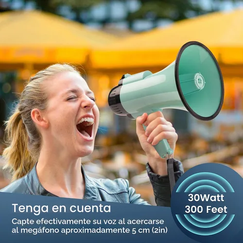 Vista 7 de Altavoz Megáfono Portátil de 30 Vatios con Voz, Sirena/Alarma y Grabación de 240S con Control de Volumen y Correa Verde azulado.