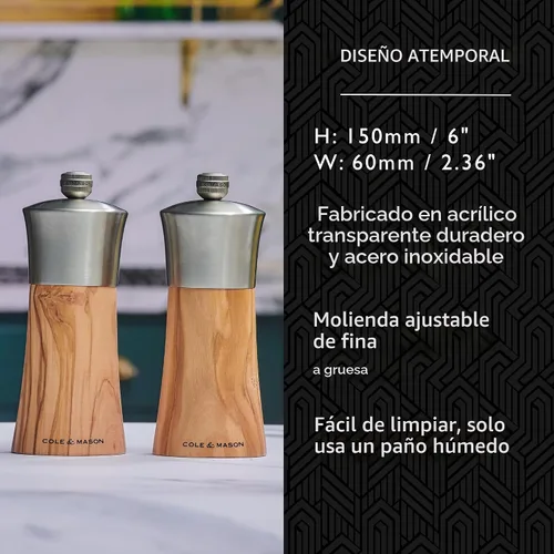 Vista 2 de Cole & Mason Bromley Molinillo de Sal, 6" - Molinillo de Sal con Mecanismo de Molienda Ultra Afilado - Salero que Mejora el Sabor - Molino