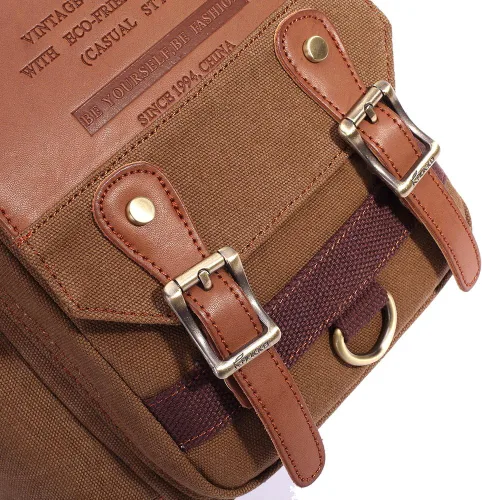 Vista 6 de Bolso de mensajero de lona vintage para hombre, bolso de mensajero de retazos de cuero en el pecho