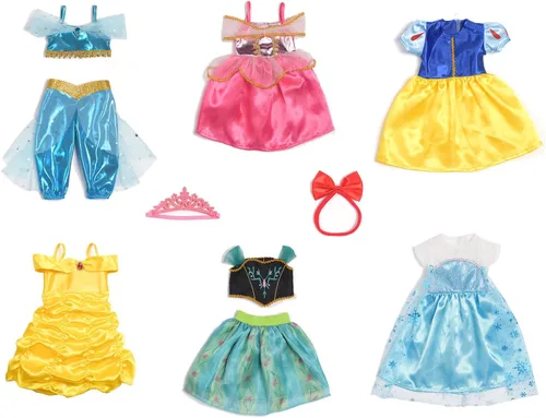 Vista 2 de Ropa de muñeca de 18 pulgadas, 6 juegos de vestidos de princesa, accesorios para disfraz de Jasmine Aurora Belle Blancanieves para muñecas de 18