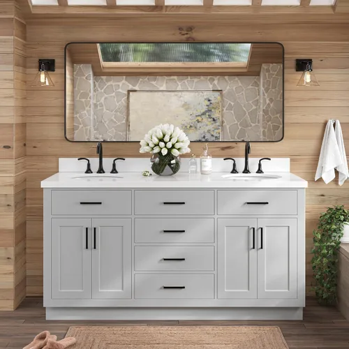 Vista 69 de ARIEL Hepburn - Tocador de baño de 30 pulgadas con fregadero, madera maciza, encimera y protector contra salpicaduras de cuarzo blanco puro de 1.5