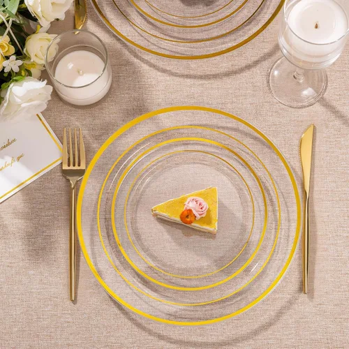 Vista 7 de I00000 100 piezas de pequeños platos de postre de oro transparente, platos desechables transparentes con borde dorado de 7 pulgadas, platos pequeños