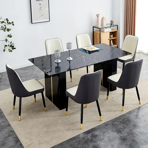 Vista 13 de Juego de mesa de comedor de vidrio de 71 pulgadas para 6, mesa de comedor para 6, mesa de vidrio templado con marco de MDF blanco y 6 sillas