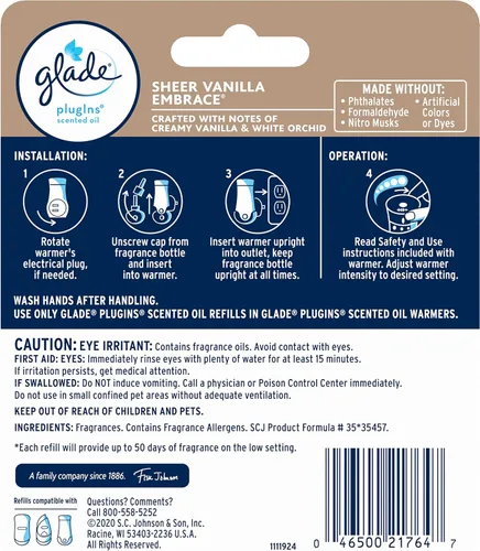 Vista 2 de Glade PlugIns - Repuesto de ambientador, aceites esenciales y perfumados para el hogar y el baño, Sheer Vanilla Embrace, 1.34 onzas, 2