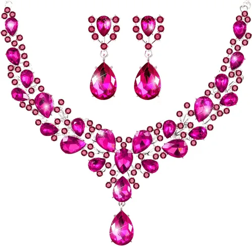 Vista 18 de Hicarer Conjunto de joyas de cristal en forma de lágrima nupcial para mujer, collar, aretes, boda Negro