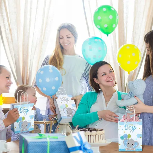 Vista 6 de Zonon Paquete de 16 bolsas de regalo para baby shower, bolsas de regalo de fiesta de elefantes con asa temática de elefante, regalos de fiesta