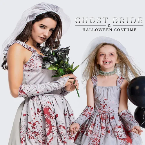 Vista 7 de HUYMHTER Disfraz de novia fantasma para niñas, vampiro, zombi, novia, cosplay, tutú para niños, vestido gótico sangriento para Halloween, cosplay