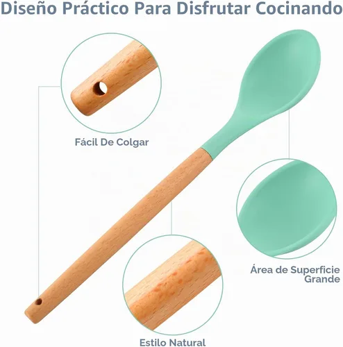 Vista 3 de 3 cucharas grandes de silicona para mezclar con mango de madera, antiadherentes, resistentes al calor, herramientas de mezcla de cocina