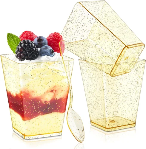 Vista 8 de Mini tazas de postre con purpurina dorada de 3.5 onzas con cucharas, paquete de 50 tazas de postre de plástico dorado para postres pequeños