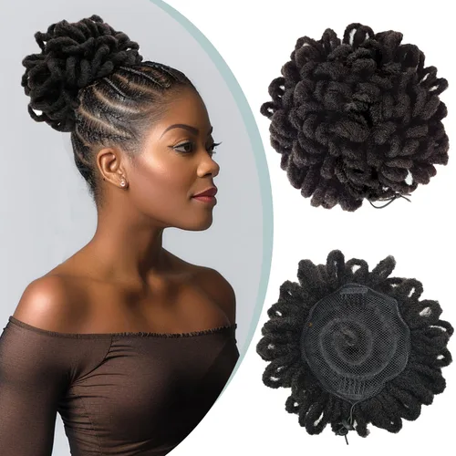 Vista 31 de Abellee 2 moños de Loc para mujeres negras, 8 pulgadas, moño de pétalos de Loc, Afro, cola de caballo alta, cordón de coleta, extensiones de cabello