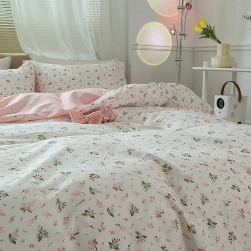 Vista 8 de Juego de funda de edredón con diseño floral, tamaño individual, color rosa y blanco, estampado de flores, estilo jardín, de algodón, estético