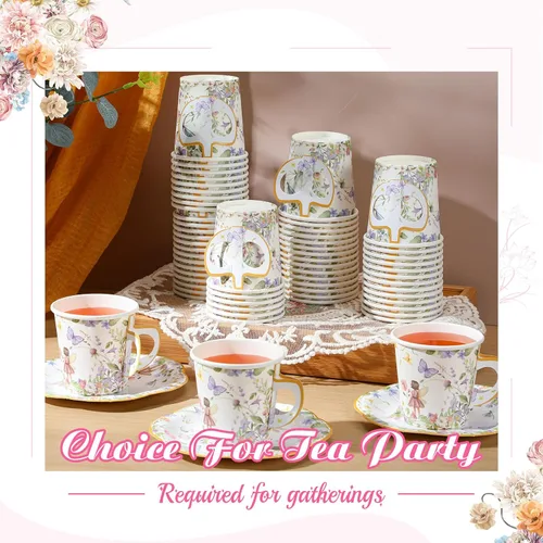 Vista 4 de Umigy 60 juegos de decoraciones para fiestas de té, 6.5 onzas, tazas de té de papel floral de hadas con asa y platos, juegos de tazas de té y Azul
