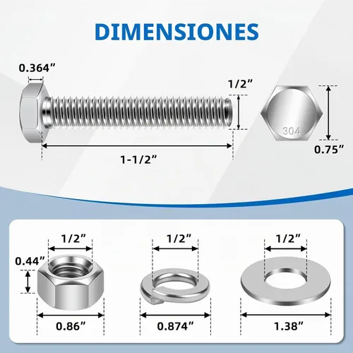 Vista 2 de Mellewell Pernos de cabeza hexagonal de 1/2-13 x 1-1/2 pulgadas con tuercas hexagonales y arandelas planas gruesas y de seguridad, totalmente