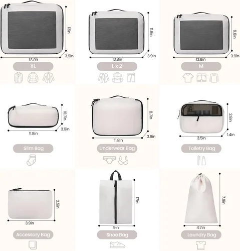 Vista 2 de Cubos de embalaje para viajes, 10 unidades, color crema, organizador de equipaje duradero, 4 tamaños (extra grande, grande, mediano, pequeño), cubos