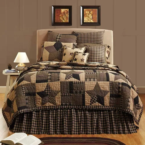 Vista 5 de VHC Brands Bingham Star King Quilt 110Wx97L Country Patchwork Design, Soft Black and Tan