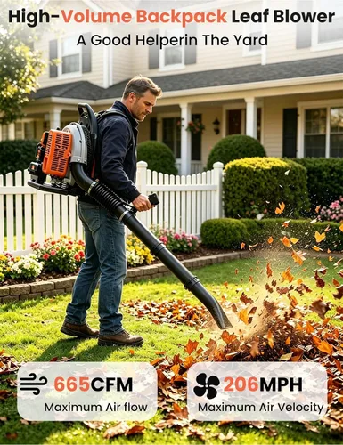 Vista 2 de Soplador de hojas de gas, soplador de mochila, 63CC 2 tiempos 665 CFM soplador de hojas a gas, soplador de hojas de gasolina para cuidado