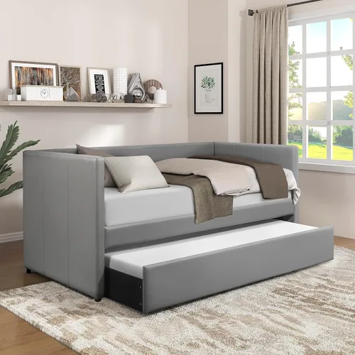 Vista 9 de Lexicon Sofá cama doble con nido, tapicería de piel sintética, color negro
