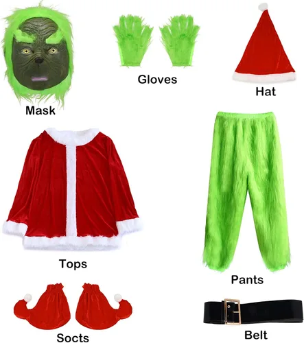 Vista 2 de iBccly Disfraz de monstruo verde 7 unidades máscara de sonrisa y sombrero de Navidad pantalones peludos traje de Papá Noel atuendo verde para adultos
