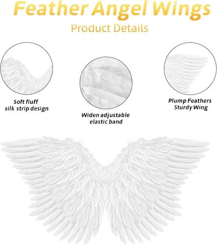Vista 3 de Alas de ángel y halo para adultos, disfraz de ángel de plumas para mujeres, niños y niñas, accesorios de disfraces de cosplay de Halloween