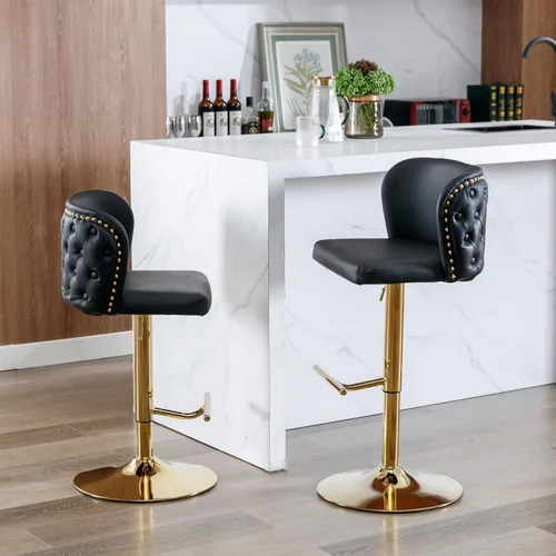 Vista 9 de Juego de 2 taburetes de bar de cuero, taburetes de bar giratorios de altura ajustable con botón trasero copetudo y patas de metal cromado dorado