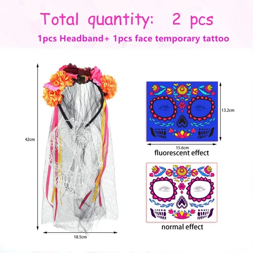 Vista 2 de KEPATO 2 diademas para el Día de los Muertos, corona de flores mexicanas con tatuaje facial para mujeres, Día de los Muertos