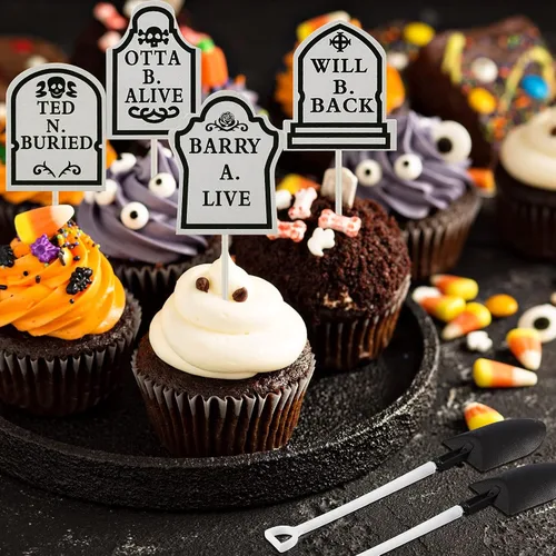 Vista 5 de 48 piezas de lápida de Halloween para pasteles, decoración de cupcakes y mini cucharas con forma de pala para suministros de fiesta de Halloween