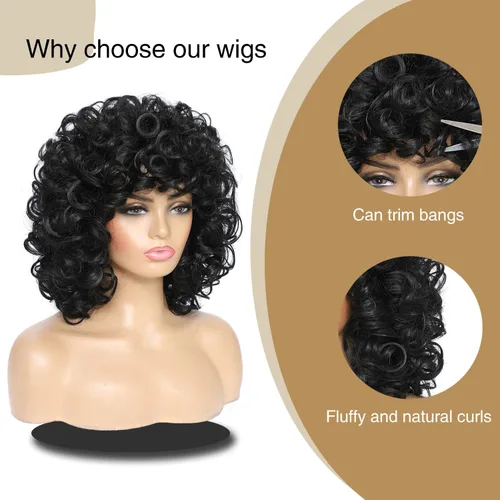Vista 5 de Pelucas cortas y rizadas con flequillo para mujeres negras, peluca rizada afro afro, cabello sintético suave resistente al calor, peluca de aspecto