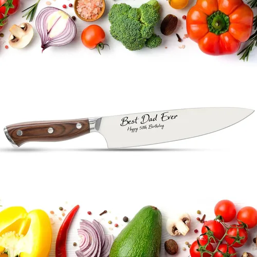 Vista 3 de Cuchillo de chef profesional de acero inoxidable – Cuchillo japonés de cocina ultra afilado grabado personalizado – 8 pulgadas con toque