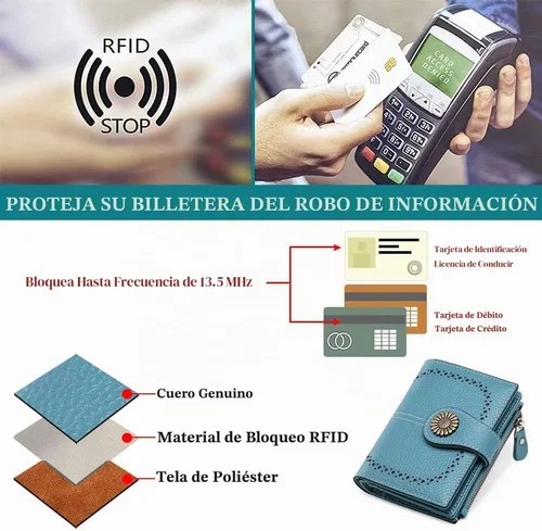 Vista 6 de SENDEFN Carteras pequeñas para mujer, con bloqueo RFID, de cuero, plegable, tarjetero con ventana de identificación, Pequeña