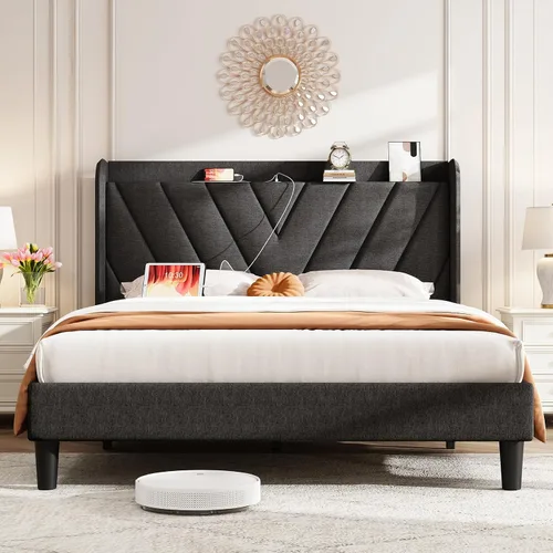 Vista 19 de koorlian Marco de cama tamaño matrimonial, Marco de cama tamaño matrimonial con cabecero, Marco de cama tapizado ajustable con puerto tipo C y USB