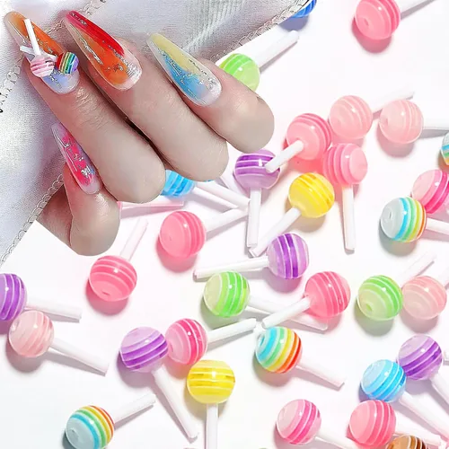 Vista 4 de 50 dijes de uñas de piruleta 3D de arcoíris, accesorios de uñas de caramelo de macarrón de resina para arte de uñas, bricolaje y decoración