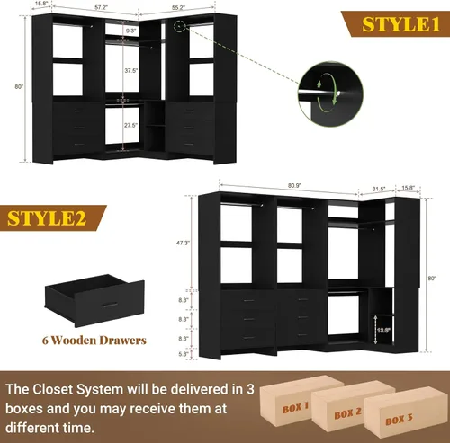 Vista 7 de Aheaplus Sistema de armario con 6 cajones, 4 varillas para colgar y torre de esquina, sistema de armario de esquina con colgante, organizador