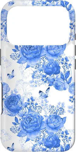 Vista 30 de Funda para iPhone 16 French Country Floral Azul Blanco Toile Grandmillennial Roses