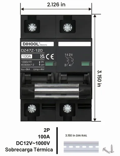 Vista 4 de DIHOOL Disyuntor DC Interruptor de desconexión solar de 100 amperios 2p 1000V para PV, UPS, batería de RV, montaje en carril DIN..