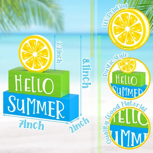 Vista 3 de Yulejo Decoración de bloque de madera de verano de 3 piezas de Hello Summer Limón, decoración de bandeja rústica con bloques decorativos para casa