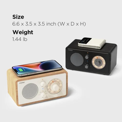 Vista 8 de mooas Radio de carga inalámbrica con esfera clásica, altavoz Bluetooth retro (negro), cargador inalámbrico máximo de 10 W, radio FM, modo SD/Aux