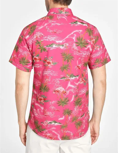 Vista 2 de SSLR Paquete de camisa hawaiana para hombre, camisa de manga corta con flamenco casual con botones, camisa de playa de verano