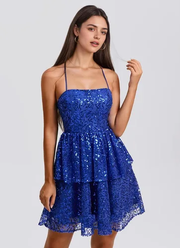 Vista 5 de YUAOHUANG Vestido de fiesta de lentejuelas con tirantes delgados 2025 vestidos de cóctel cortos escalonados para mujer