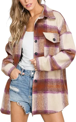 Vista 28 de Beaully Chaqueta-Camisa de Franela a Cuadros para Mujer, Trajes de Otoño 2025, Camisa de Manga Larga con Botones, Chaqueta Abrigo con Bolsillos Negro