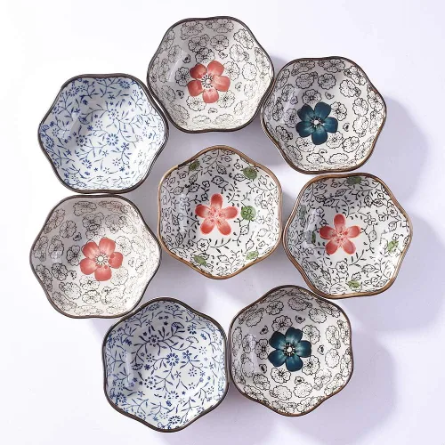 Vista 8 de Juego de 4 cuencos japoneses de cerámica en forma de flor, platos pequeños de 4 pulgadas para salsa de soja, condimentos, sushi, aperitivos