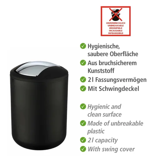 Vista 2 de WENKO 21211100 Cubo giratorio Brasil Black S - irrompible, capacidad 2 L, elastómero termoplástico (TPE), 5.5 x 7.5 x 5.5 in, negro